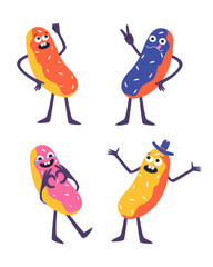 Set of eclairs with different emotions. Cute cakes in cartoon style. Vector illustration.