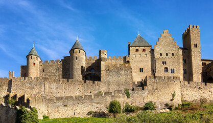Fototapeta na wymiar Fortified city of Carcassonne. The old stone wall and medieval citadel. Occitanie, France