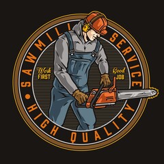 Sawmill worker round colorful emblem
