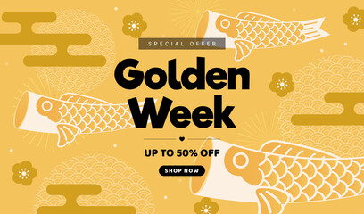 Golden Week Sale vector illustration. Japan Holidays. Koinobori (Carp streamers) on gold background