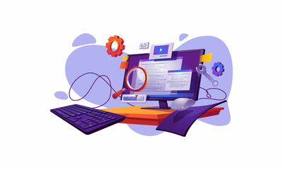 Computer code testing vector illustration file purple color tools keyboard