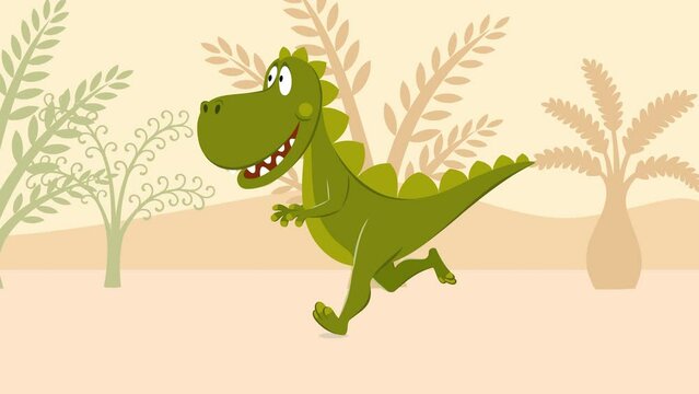 Animation of cartoony funny Dinosaur running in Jurassic prehistoric environment with alpha channel.