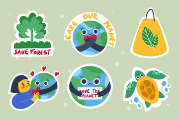 Ecology concept. Collection of cartoon stickers. Save the planet. Stop plastic. Vector illustration.