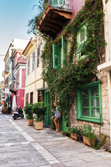 Historic beautiful buildings around the main square of Nafplio town in Greece