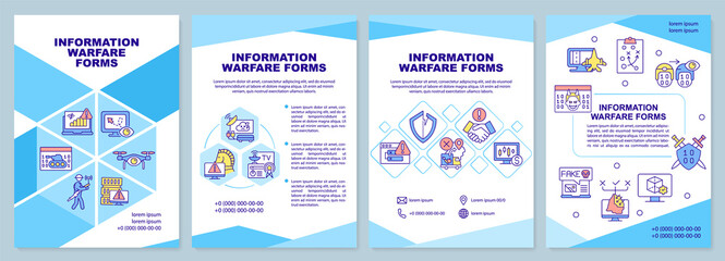 Infomation warfare forms blue brochure template. Adversary intelligence. Leaflet design with linear icons. 4 vector layouts for presentation, annual reports. Arial-Black, Myriad Pro-Regular fonts used