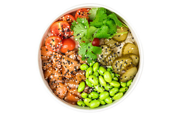 Poke bowl with rice, salmon, beans edamame chukka, cherry tomatoes pickled cucumbers sesame and parsley. Top view. White background.