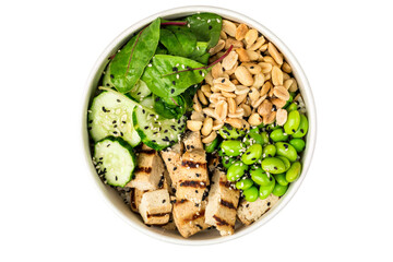 Poke bowl with tofu, cucumbers, salad leafs, edamame beans, spinach and peanuts on a white background. Top view.