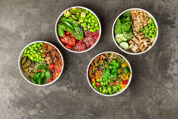 4 poke bowls with tofu, salmon, chicken, tuna, cucumbers, salad leafs, edamame beans, spinach and...