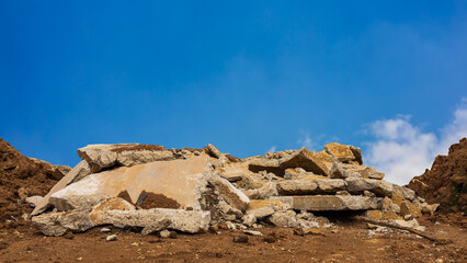 A view of the many old concrete blocks that have been demolished and demolished roads.