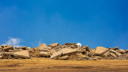 A view of the many old concrete blocks that have been demolished and demolished roads.