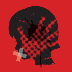 
Child, victim of violence. 
Little girl grunge silhouette with hand print on the face and with taped mouth. Vector available.