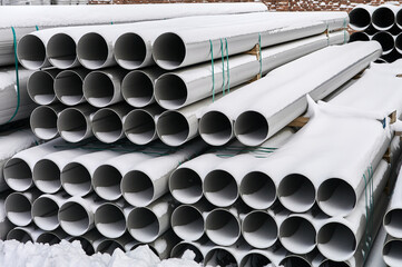 Stacks of stainless steel pipes are stored outside, fresh snow has blocked the pipes, such pipes can easily endure bad weather