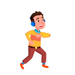 Dancing Teen Boy With Positive Expression Vector. Caucasian Teenager Listening Music In Earphones And Dancing Energy Dance. Cheerful Character Dancer Active Funny Time Flat Cartoon Illustration