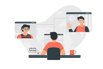 Video connection concept in flat design. Man communicates with friends and colleagues in zoom on screens. Group video call and remote business meeting. Vector illustration with people scene for web