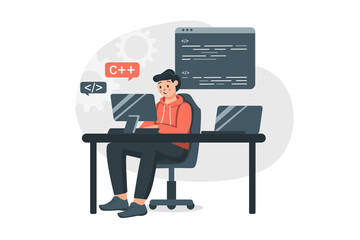 Programmer coding concept in flat design. Man developer works at computer, writes and tests code, creates programs and software while sitting in office. Vector illustration with people scene for web