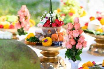 Various fruits and offerings were arranged for the worshiping ceremony of the gods. of hinduism