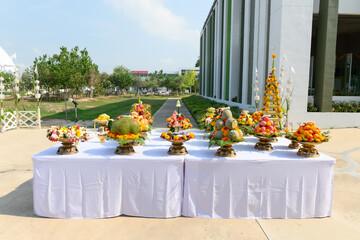 Various fruits and offerings were arranged for the worshiping ceremony of the gods. of hinduism