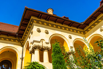 Close up of architectural details of elegant facade building