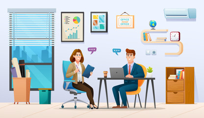 Fototapeta na wymiar Businessman and businesswoman discussing a business strategy in office illustration