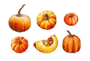 Watercolor orange pumpkin collection isolated on white background. Hand painted botanical illustration. Autumn harvest. Vegetables. Slice of pumpkin.