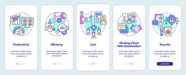 Advantages of online collaboration onboarding mobile app screen. Business walkthrough 5 steps graphic instructions pages with linear concepts. UI, UX, GUI template. Myriad Pro-Bold, Regular fonts used
