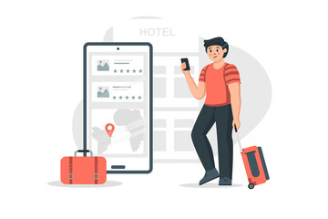 Hotel booking concept in flat design. Man tourist with luggage choosing apartment using mobile app. Traveler goes on vacation and reserving hostel room. Vector illustration with people scene for web
