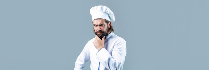 Bearded male chefs isolated. Cook hat. Serious cook in white uniform, chef hat. Portrait of a...