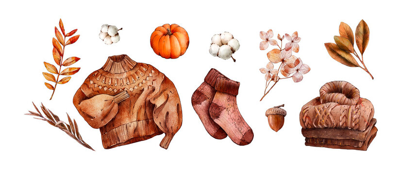 Watercolor set of cozy autumn elements: pumpkin, wool sweater, knitted socks, cotton, hydrangea, acorn, dried flowers, autumn leaves. Trendy fashion illustrations. Hand drawn Hygge watercolor 