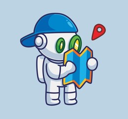 cute astronaut robot boy looking maps for travel vacation. Isolated cartoon person illustration. Flat Style suitable for Sticker Icon Design Premium Logo vector