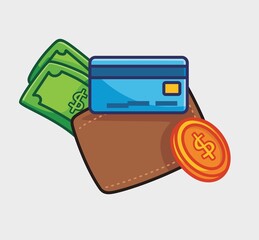 cute brown wallet with a money card inside. Isolated cartoon object illustration. Flat Style suitable for Sticker Icon Design Premium Logo vector