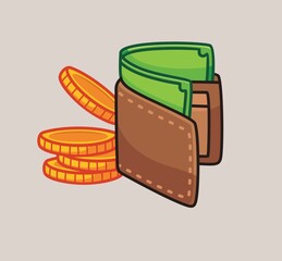 cute brown wallet with a money. object, cartoon, illustration,icon,cute, vector, design, background, graphic, isolated, sticker, white, clean, flat,element