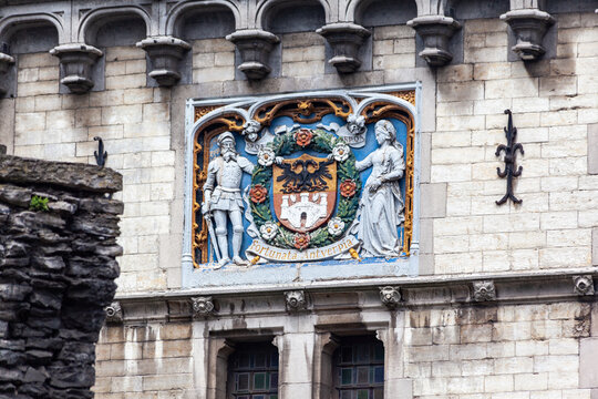 Closeup of the details of Het Steen's facade, a medieval fortress in Antwerp, Belgium