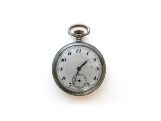 Isolated old pocket watch. Close up of wind-up vintage clock. Fashion accessory. Time concept. Mechanical stopwatch in a metal case on a white background.
