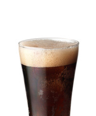 Cola glass with ice cubes on white background