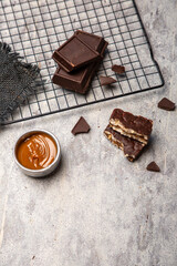 chocolate dipped rice cookies with gray background texture