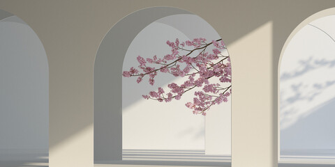 japanese style architect and nature light background. for branding and product presentation.3d rendering illustration.