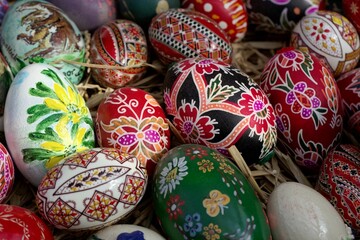Hand painted Easter eggs with straw