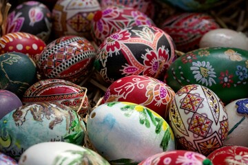 Hand painted Easter eggs with straw
