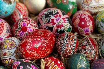 Fototapeta na wymiar Hand painted Easter eggs with straw