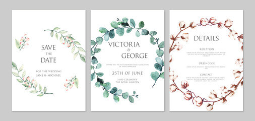 Watercolor hand painted botanical cotton and eucalyptus branches and flowers. Watercolor illustrations isolated on white background, premade wedding invitation, save the date frame template 