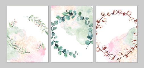 Watercolor hand painted botanical cotton and eucalyptus branches and flowers. Watercolor illustrations isolated on white background, premade wedding invitation, save the date frame template 