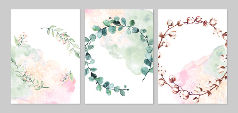 Watercolor hand painted botanical cotton and eucalyptus branches and flowers. Watercolor illustrations isolated on white background, premade wedding invitation, save the date frame template 