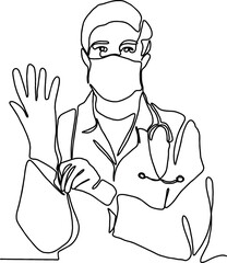 Continuous line drawing of standing healthcare professionals in protective masks. doctor using mask one line art.