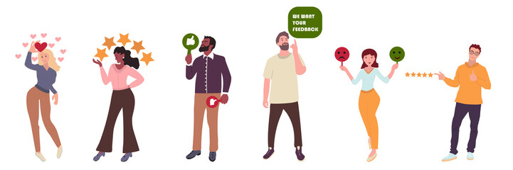 Set of people give review rating and feedback. Men and women holding in hands  positive, negative and approve signs, rating Icons. Customer choice. Hand drawn colored vector flat illustration