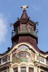 Fototapeta na wymiar Leipzig, Saxony, Germany 03-18-2022 Facade details on the Art Nouveau building 