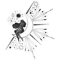 Trendy black line art composition with a woman body silhouette and celestial bodies. Raster magic woman  illustration for creating posters, postcard, tarot, books, covers. - obrazy, fototapety, plakaty