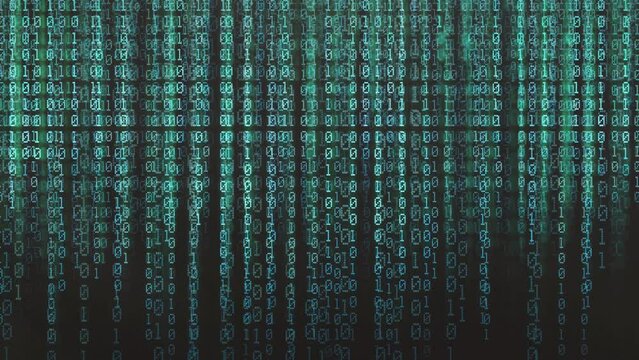 moving animated blue and green matrix binary code against black background