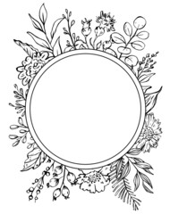 sketchy floral foliage branches round circle frame, invitation greeting card template, vector illustration