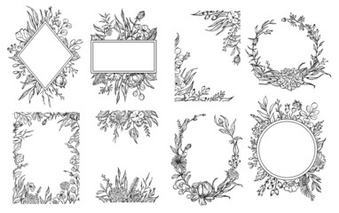 sketchy floral foliage branches frames and borders, invitation greeting card templates, vector illustration
