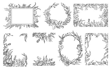 sketchy floral foliage branches frames and borders, invitation greeting card templates, vector illustration